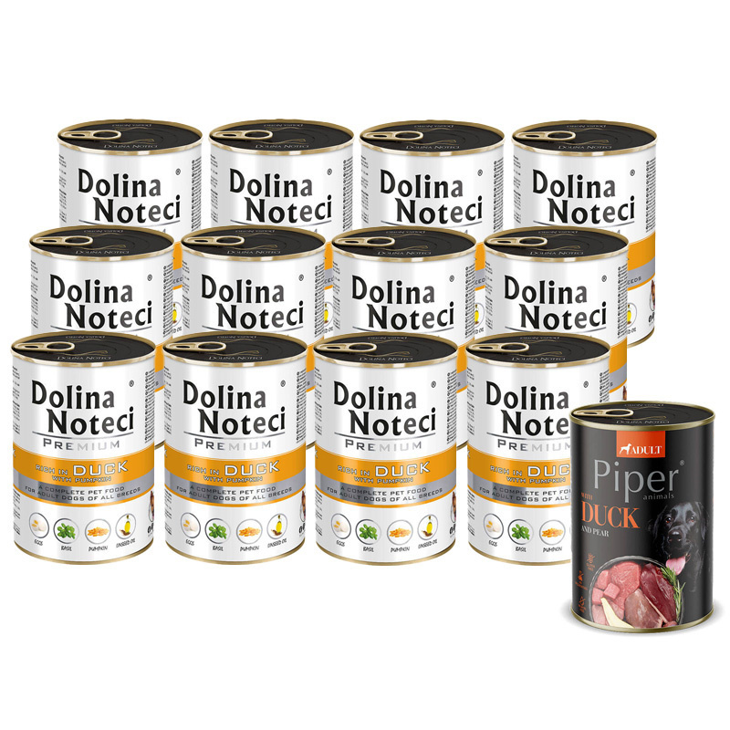 Mokra karma dla psa Dolina Noteci Premium bogata w kaczkę z dynią zestaw 12 x 400 g + Piper Animals z kaczką i gruszką 400 g Gratis