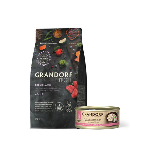 Grandorf Cat Fresh Lamb Karma sucha dla dorosłych kotów o wrażliwym układzie pokarmowym lub skłonnych do alergii Jagnięcina 2 kg + Karma mokra z kurczakiem i krabem 70 g Gratis