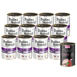 Mokra karma dla psa Dolina Noteci Premium bogata w królika z żurawiną zestaw 12 x 400 g + Piper Animals z indykiem i brokułem 400 g Gratis