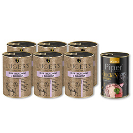 Karma mokra dla psa Luger’s jeleń i wołowina z żurawiną zestaw 6 x 400 g + gratis Piper Animals z sercami z kurczaka i szpinakiem 400 g