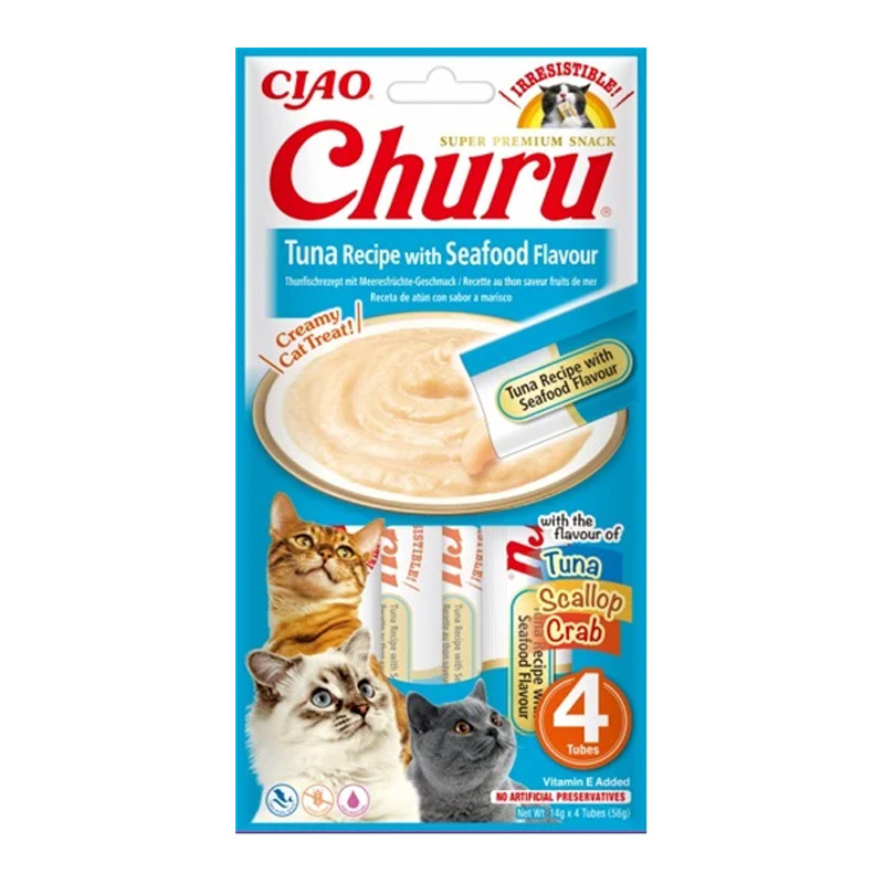 Inaba Churu Kremowy przysmak dla kota o smaku tuńczyka z owocami morza 4 x 14 g