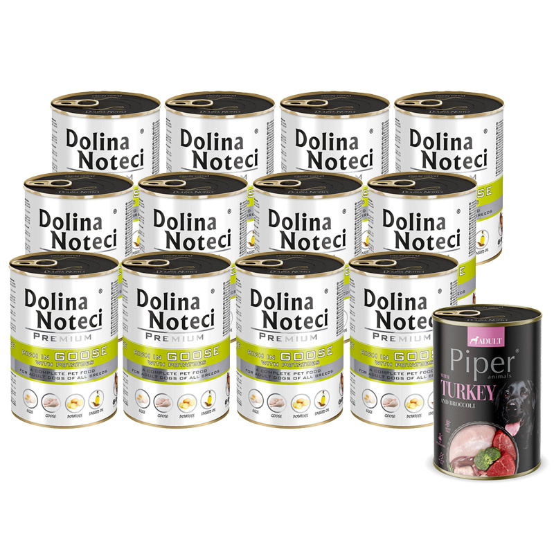 Mokra karma dla psa Dolina Noteci Premium bogata w gęś z ziemniakami zestaw 12 x 400 g + Piper Animals z indykiem i brokułem 400 g Gratis