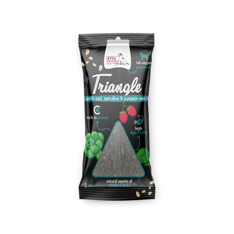 Syta Micha Trójkąt do żucia dla psa - dorsz z jeleniem i spiruliną 2 szt.
