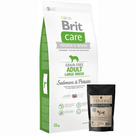 Karma sucha dla psów Brit Care Grain Free Adult Large Breed Salmon & Potato 12 kg + Luger’s karma suszona dla psa bogata w wołowinę 200 g