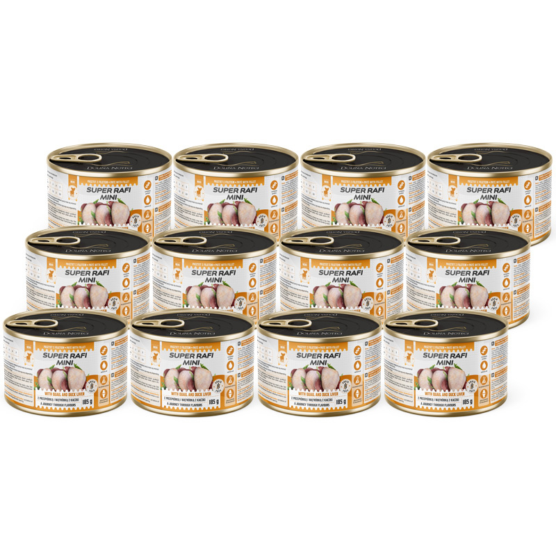 Super Rafi Mini Mokra karma dla psów małych ras z przepiórką i wątróbką z kaczki zestaw 12 x 185 g