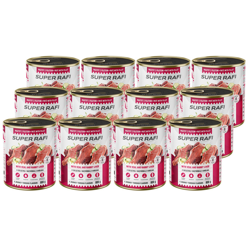 Super Rafi Mokra karma dla psa z cielęciną i wątróbką z królika zestaw 12 x 800 g