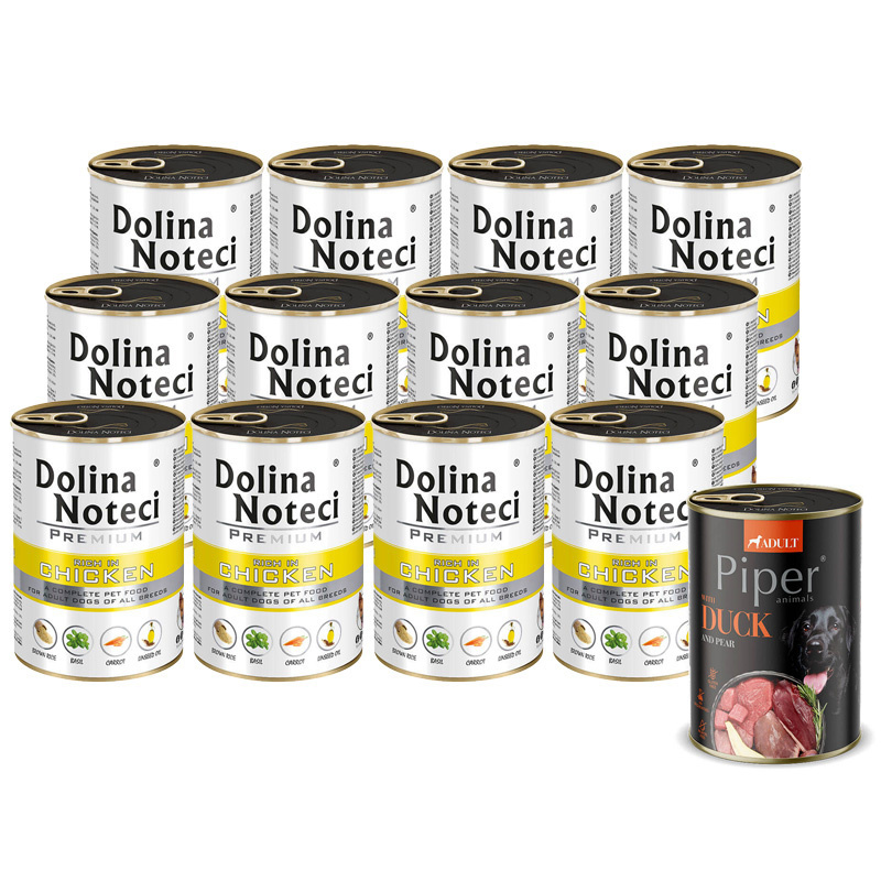 Mokra karma dla psa Dolina Noteci Premium bogata w kurczaka zestaw 12 x 400 g + Piper Animals z kaczką i gruszką 400 g Gratis