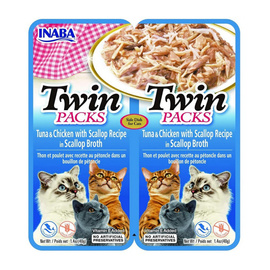 INABA Twin Packs Karma dla kota Szarpane kawałki mięsa w galaretce tuńczyk, kurczak i przegrzebki 2 x 40 g
