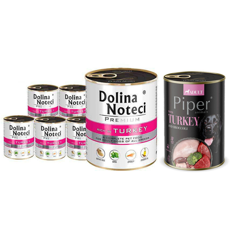 Mokra karma dla psa Dolina Noteci Premium bogata w indyka zestaw 6 x 800 g + Piper Animals z indykiem i brokułem 400 g Gratis