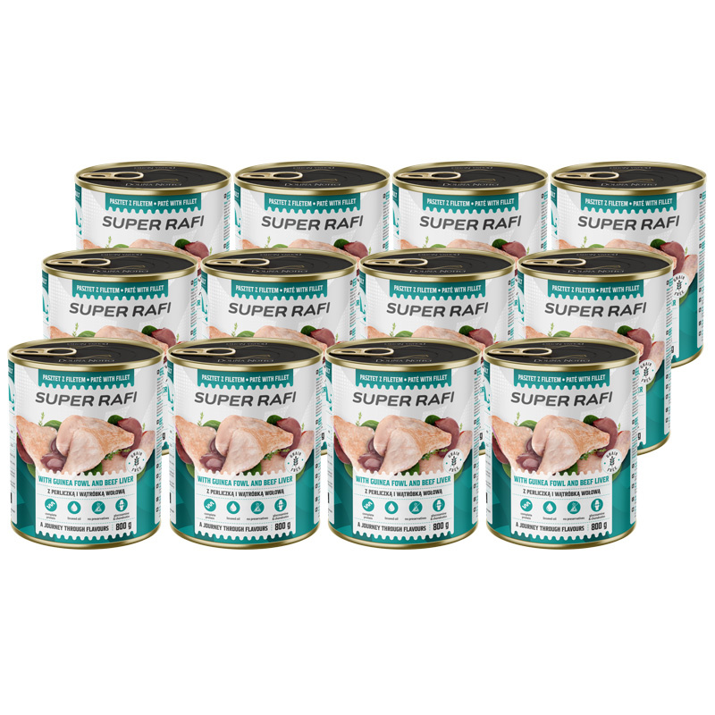 Super Rafi Mokra karma dla psa z perliczką i wątróbką wołową zestaw 12 x 800 g