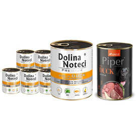 Mokra karma dla psa Dolina Noteci Premium bogata w kaczkę z dynią zestaw 6 x 800 g + Piper Animals z kaczką i gruszką 400 g Gratis