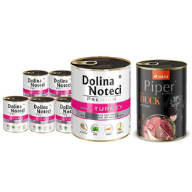 Mokra karma dla psa Dolina Noteci Premium bogata w indyka zestaw 6 x 800 g + Piper Animals z kaczką i gruszką 400 g Gratis