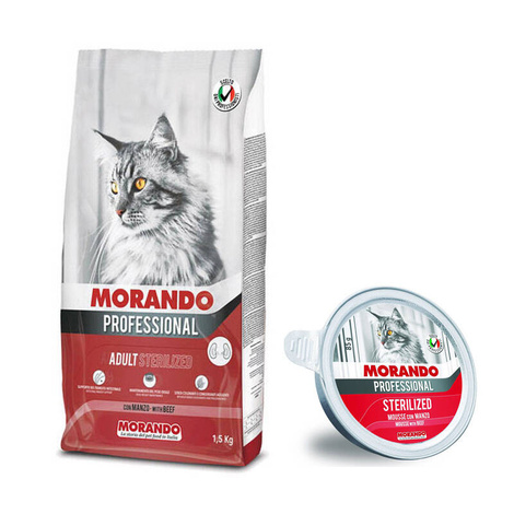 Morando Pro Sucha karma dla kota Sterilised Wołowina 1,5 KG + Mokra karma dla kota Sterilised Wołowina 85 G GRATIS