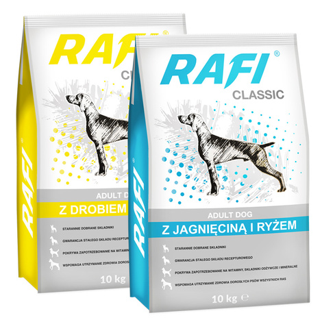 Sucha karma dla psa Rafi Classic z drobiem i ryżem oraz jagnięciną i ryżem mix 2 x 10 kg