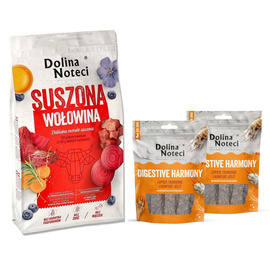 Karma suszona dla psa Dolina Noteci Premium wołowina 9 kg + gratis 2 x Smart Chews Digestive Harmony wspierające trawienie