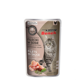 Super Benek Bezzbożowe fileciki dla kota gotowane na parze bogate w kurczaka, z pomidorami i ziołami w sosie 85 g