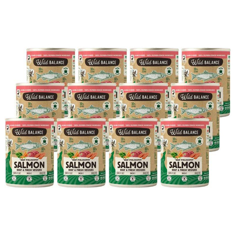 Wild Balance Karma mokra dla psa Wołowina z łososiem z marchwią i szpinakiem (dorosły i szczeniak) zestaw 12 x 400 g