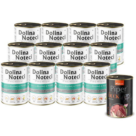 Mokra karma dla psa Dolina Noteci Premium bogata w perliczkę z jabłkiem zestaw 12 x 400 g + Piper Animals z kaczką i gruszką 400 g Gratis