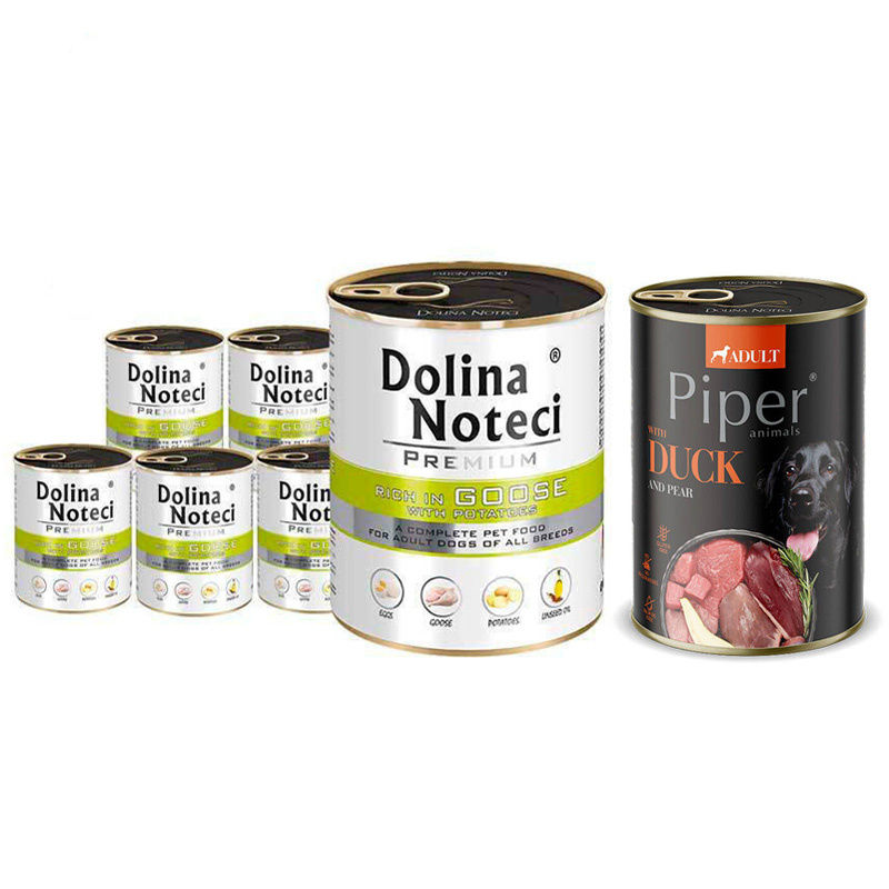 Mokra karma dla psa Dolina Noteci Premium bogata w gęś z ziemniakami zestaw 6 x 800 g + Piper Animals z kaczką i gruszką 400 g Gratis
