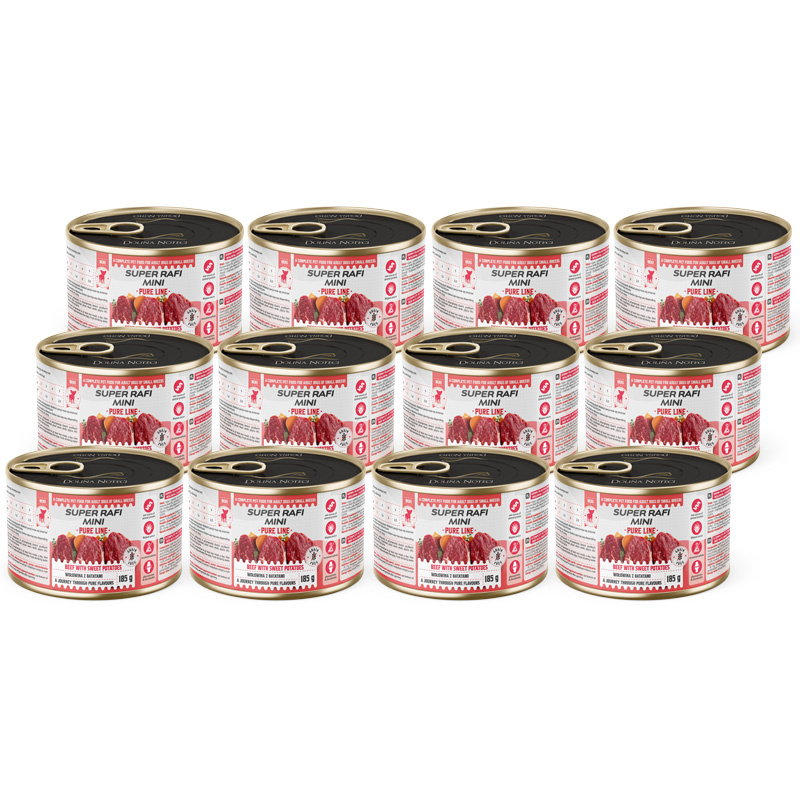 Super Rafi Mini Pure Line Mokra karma dla psów małych ras z wołowiną i batatami zestaw 12 x 185 g