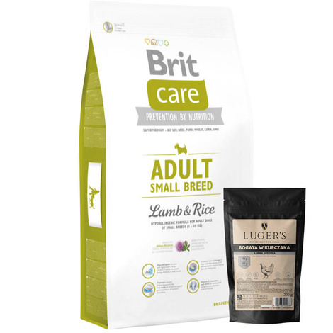 Karma dla psa Brit Care New Adult Small Breed Lamb & rice 7,5 kg + Luger’s karma suszona dla psa bogata w kurczaka 200 g