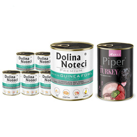Mokra karma dla psa Dolina Noteci Premium bogata w perliczkę z jabłkiem zestaw 6 x 800 g + Piper Animals z indykiem i brokułem 400 g Gratis