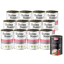 Mokra karma dla psa Dolina Noteci Premium bogata w cielęcinę z zielonym groszkiem zestaw 12 x 400 g + Piper Animals z indykiem i brokułem 400 g Gratis