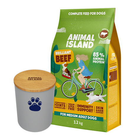 Animal Island Sucha karma dla psa z wołowiną 12 kg + Gratis Pojemnik na karmę dla psa rozmiar M