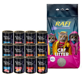 Dolina Noteci Premium Zestaw Mokra karma dla kota 12 x 400 g + Rafi Zbrylający żwirek o zapachu lawendy Standard 10 l