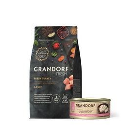Grandorf Cat Fresh Turkey Karma sucha dla dorosłych kotów z wrażliwym układem pokarmowym Indyk 2 kg + Karma mokra z kurczakiem i krabem 70 g Gratis
