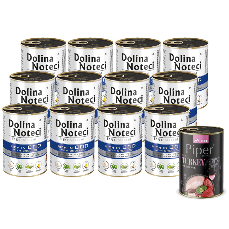 Mokra karma dla psa Dolina Noteci Premium bogata w dorsza z brokułami zestaw 12 x 400 g + Piper Animals z indykiem i brokułem 400 g Gratis
