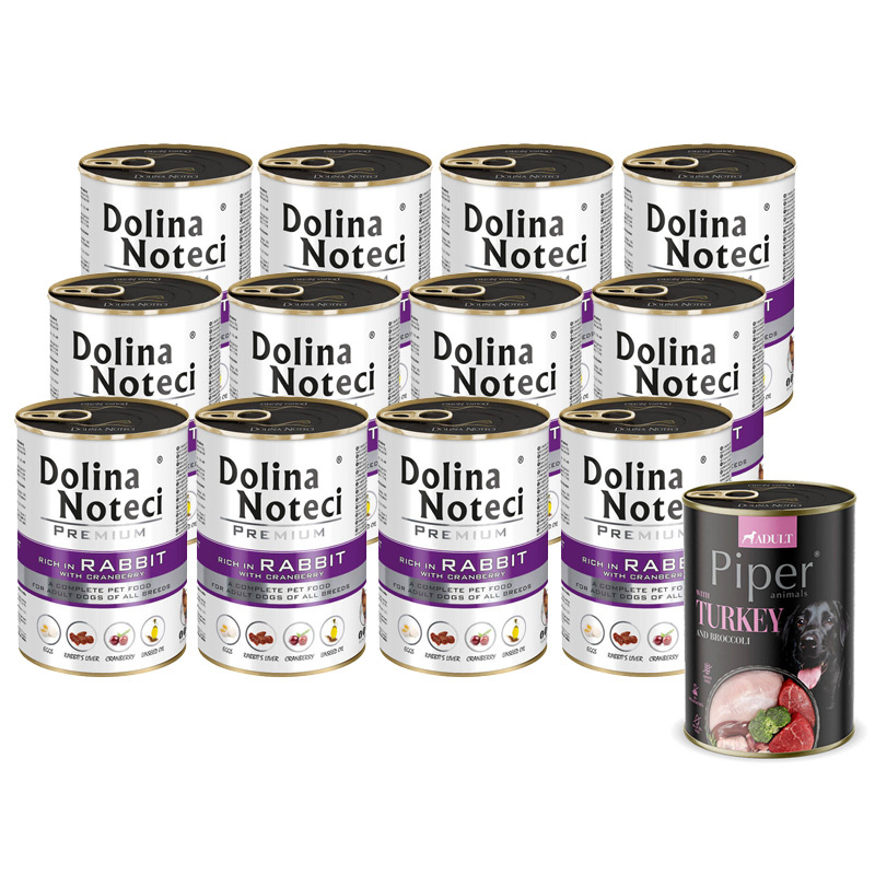 Mokra karma dla psa Dolina Noteci Premium bogata w królika z żurawiną zestaw 12 x 400 g + Piper Animals z indykiem i brokułem 400 g Gratis