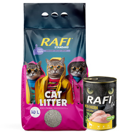 Rafi Zbrylający żwirek dla kota o zapachu lawendy Standard 10 l + gratis Rafi Cat Adult z kurczakiem 400 g