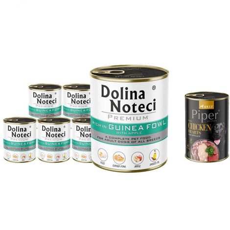 Mokra karma dla psa Dolina Noteci Premium bogata w perliczkę z jabłkiem zestaw 6 x 800 g + gratis Piper Animals z sercami z kurczaka i szpinakiem 400 g