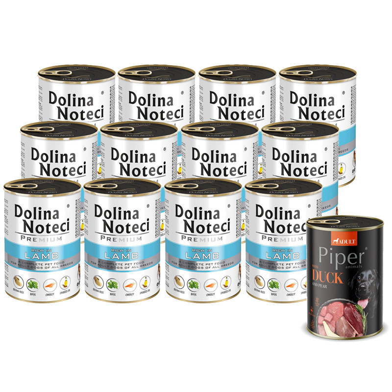 Mokra karma dla psa Dolina Noteci Premium bogata w jagnięcinę zestaw 12 x 400 g + Piper Animals z kaczką i gruszką 400 g Gratis