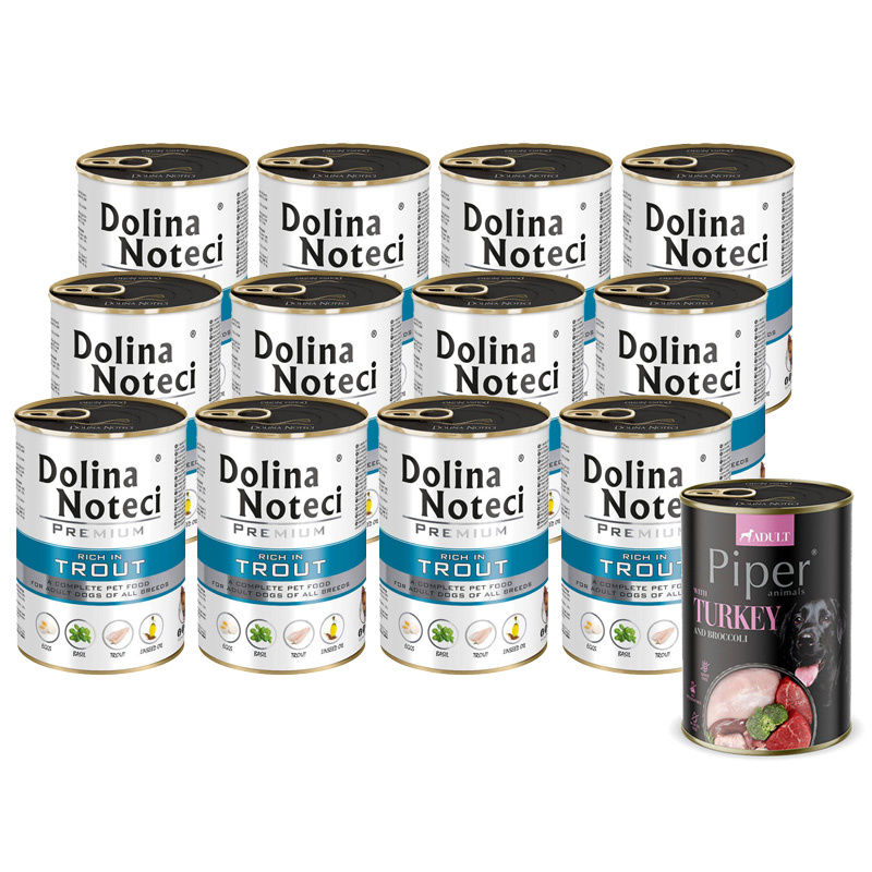 Mokra karma dla psa Dolina Noteci Premium bogata w pstrąga zestaw 12 x 400 g + Piper Animals z indykiem i brokułem 400 g Gratis