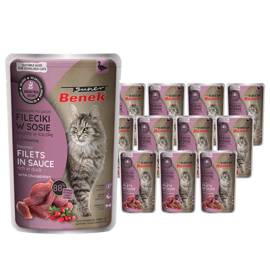 Super Benek Bezzbożowe fileciki dla kota gotowane na parze bogate w kaczkę, z żurawiną w sosie zestaw 12 x 85 g
