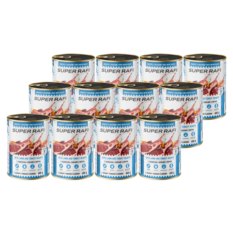 Super Rafi Mokra karma dla psa z jagnięciną i sercami indyka zestaw 12 x 400 g